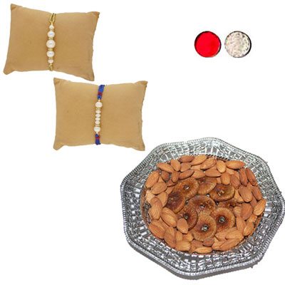 "Whispers Pearl Rakhi Combo - JPRAK-23-03 (2 Rakhis) , Dryfruit Thali - RD900 - Click here to View more details about this Product